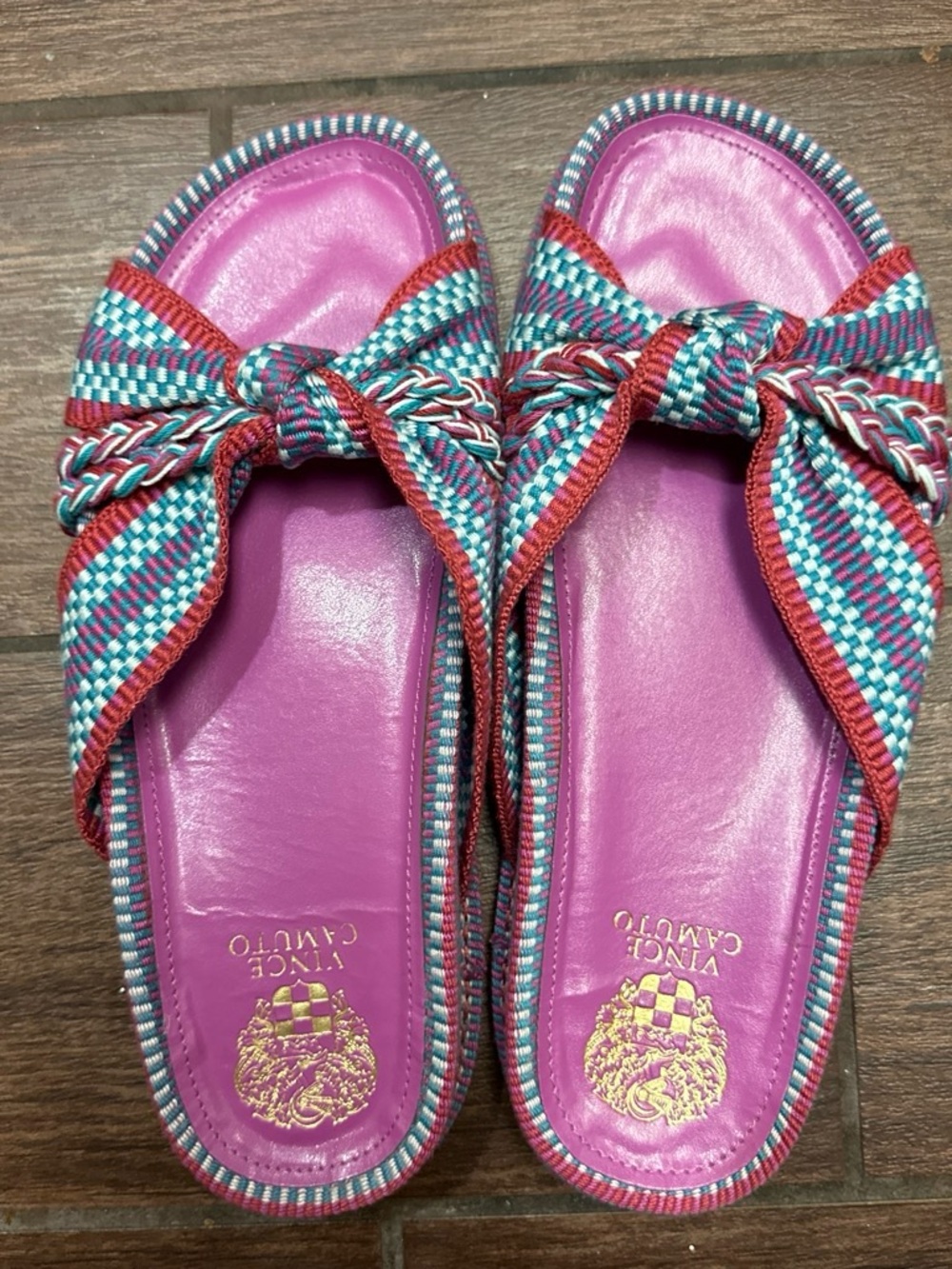 Vince Camuto Fuchsia Slide Sandals with Multicolor Woven Knot